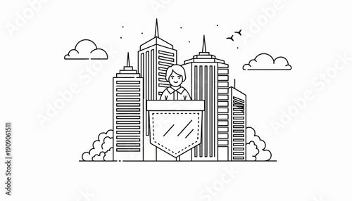 City Skyline with Shield Emblem.