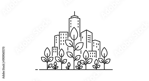 Cityscape with green plants growing.