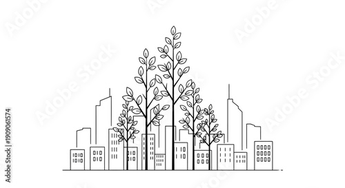 Cityscape with trees in urban area.