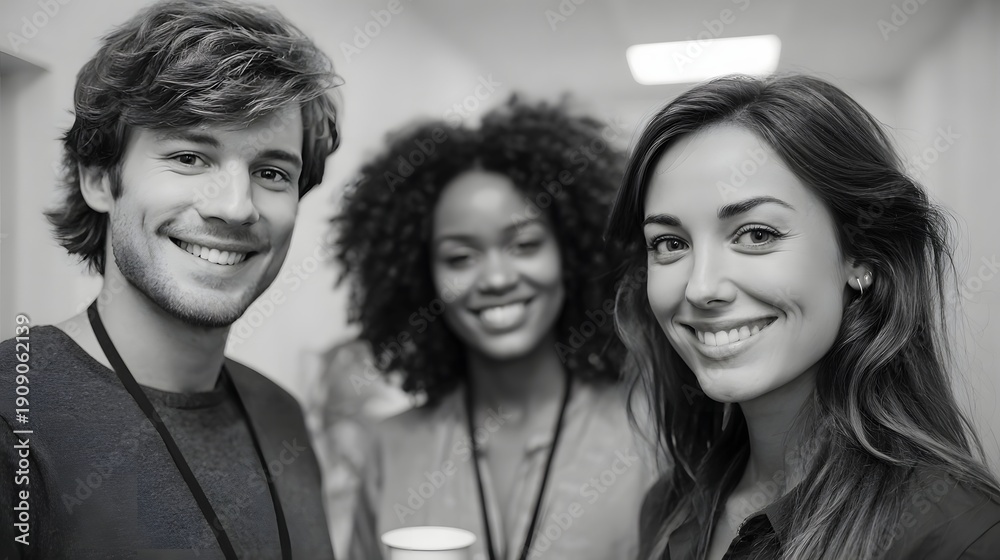 Obraz premium Three diverse smiling individuals pose together in a bright indoor setting