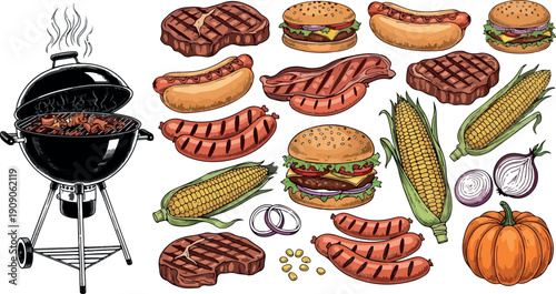 Barbecue Grill Food Illustration Set with Steaks Burgers Hot Dogs Corn and Vegetables
