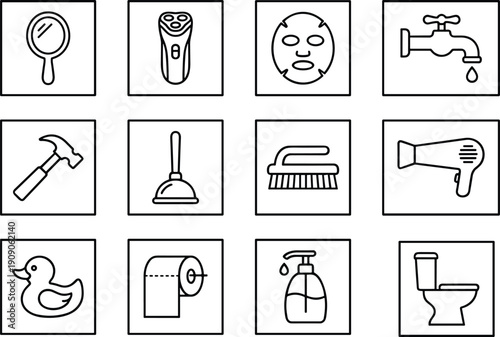 Bathroom and personal hygiene icons set, cleaning tools line vector illustration collection