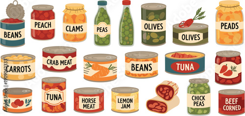 Large Collection of Canned and Jarred Food Products Including Vegetables, Fruits, Seafood, and Meat for Grocery Store and Pantry Storage Designs
