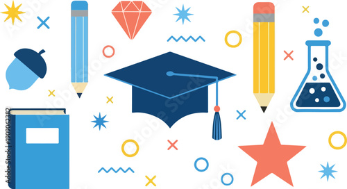 Education and Science Vector Illustration Set with Graduation Cap Book Pencil and Laboratory Icons
