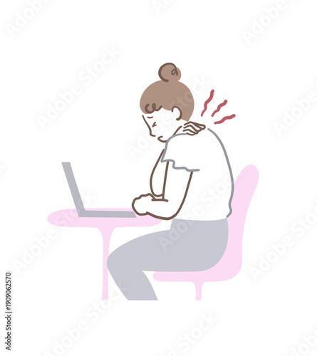 座りっぱなしのパソコン作業で肩が痛い女性のイラスト素材