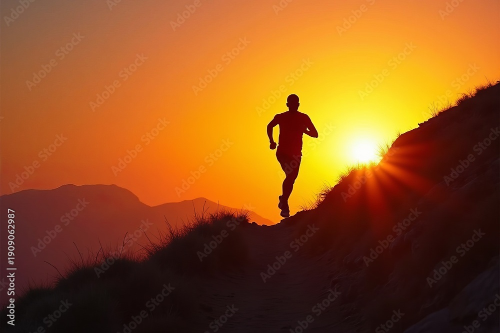 Fototapeta premium Trail Runner Silhouette at Sunset - Inspirational Athletic Achievement Concept Wide Screen