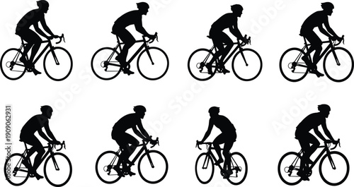 Cyclist silhouette vector illustration of people riding road bicycles in different poses, black bike rider collection isolated on white background for sports, fitness, motion concepts