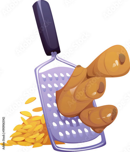 Ginger root being grated on metal grater with fresh slices and shavings showing cooking process or ingredient preparation. Cartoon vector kitchen utensil with spice root emphasizing culinary food prep