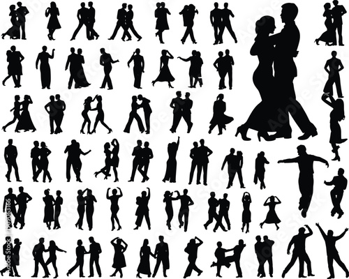 Dance silhouettes collection, couples dancing, elegant dance poses, ballroom dancing, social dance, vector people icons, party, movement, celebration, love, romance, activity