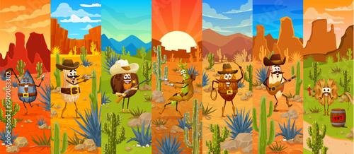 Cartoon nuts and beans collage with cowboy and bandit characters. Sunflower seed gunslinger, peanut outlaw, coconut sheriff, chili bandit, pinecone ranger with lasso, almond guitarist, walnut with tnt
