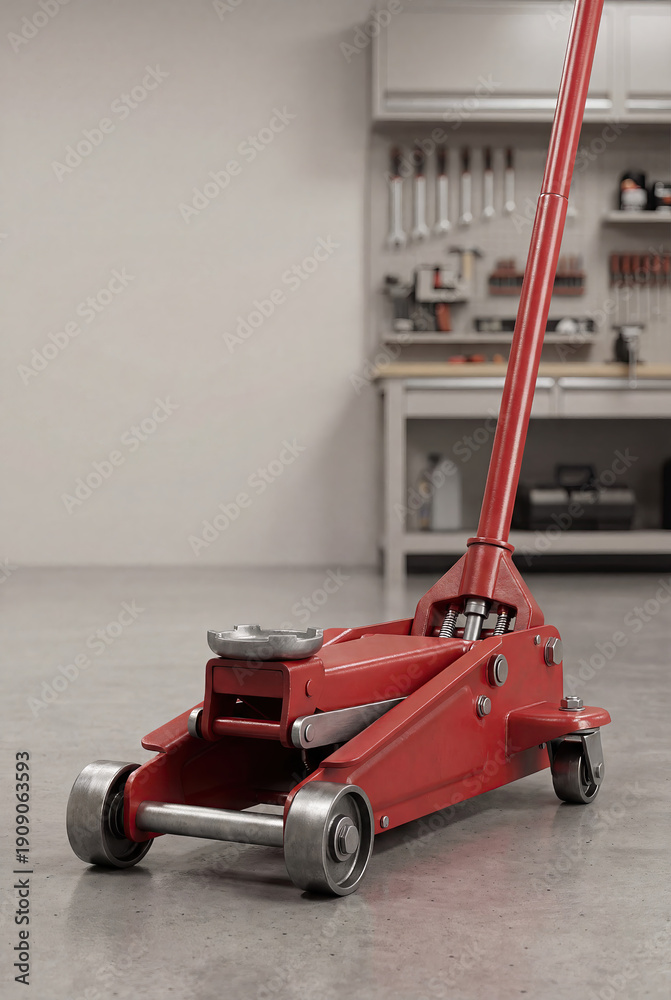 Fototapeta premium Red Hydraulic Floor Jack Automotive Tool Concept