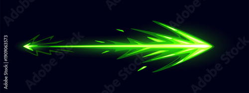Cartoon glowing green game gun vfx effect magic power light wave or wizard glow. Sorcerer magical arrow attack, fantasy spell or blast energy. Vector abstract flow with neon sparkle, trail and glow