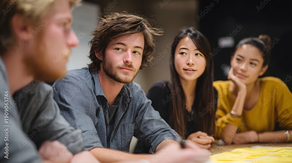 Fototapeta premium A diverse group of young adults engaged in a collaborative discussion around a table fostering ideas and teamwork in a modern setting