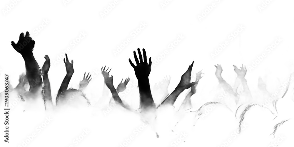 Obraz premium Silhouette of multiple hands reaching up from fog on transparent background