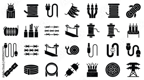 Electric wires and cables icon set for industrial and construction designs