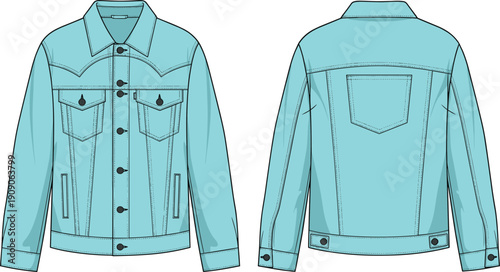 Men's Blue Denim Jacket Technical Vector Illustration with Front and Back Views, Classic Buttoned Trucker Style Fashion Design Template