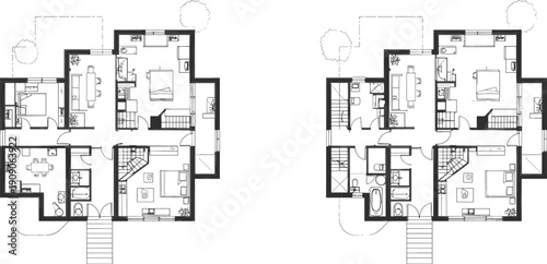Detailed duplex residential house floor plans with furnished rooms, kitchen, dining areas, bedrooms, and bathroom layouts for real estate and architectural design.