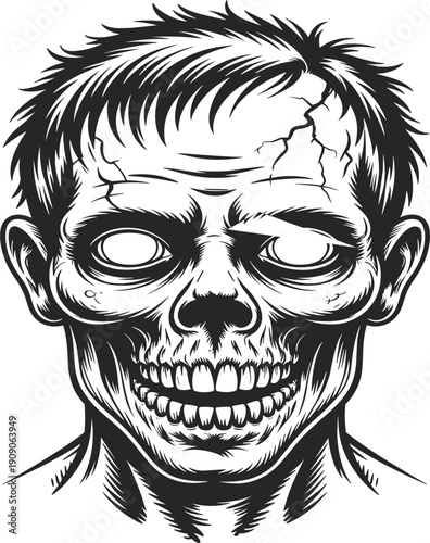 Vintage hand drawn zombie head sketch, with detailed ink texture for spooky horror and halloween design