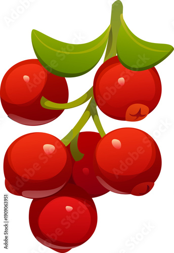 Cartoon cluster of ripe cranberries with glossy red surfaces and green leaves. Vector fresh and juicy berries hanging on green stems. Isolated healthy food Ingredient, ripe and raw berry plant