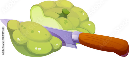 Cartoon green squash cutting with knife on kitchen. Vector cooking scene with fresh green vegetable slicing on halves. Natural cook food produce ingredient preparation and culinary recipe step