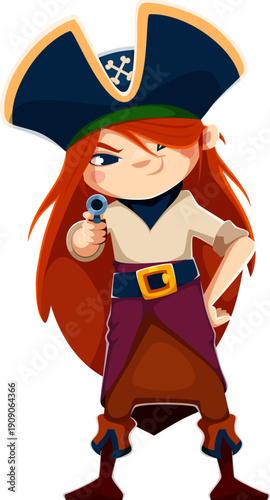Cartoon kid girl in pirate costume. Funny vector character aiming a pistol with determination. Playful personage with red long hair for children storytelling, activity books, or treasure hunt games