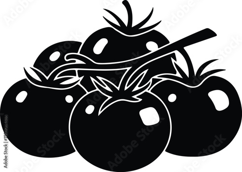 silhouette bunch of ripe organic garden tomatoes on vine branch vector design