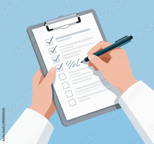 A person efficiently checks boxes on a clipboard form with a pen, conveying productivity and organization in a modern office setting. This scene highlights task management and workflow efficiency.