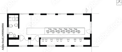 Detailed restaurant kitchen floor plan, professional cooking and dining area blueprint, commercial kitchen and seating layout, facility architectural drawing illustration.