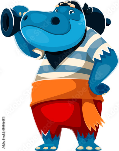 Cartoon hippo animal pirate gunner character. Vector corsair sailor with red pants and orange sash stands holding a black cannon. Cute happy hippo personage in pirate costume for kids party