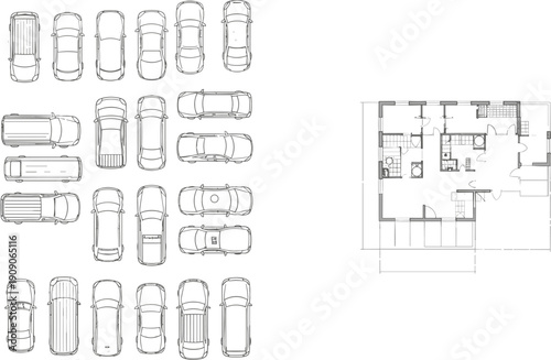 Detailed top-down view of vehicles and floor plan layout, showcasing multiple cars with various designs and a well-structured interior design layout for residential building