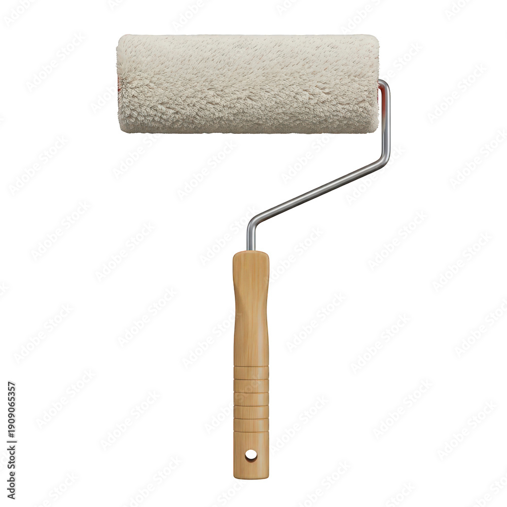 Obraz premium Paint roller with wooden handle and beige roller cover isolated on transparent background
