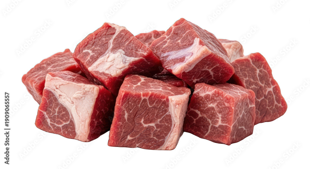 Fototapeta premium Close-up view of raw, cubed red meat with visible marbling