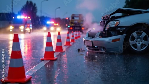 Traffic Cones Warning on Wet Street at Accident Scene