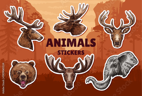 Hunting sport animals stickers. Deer with large antlers, roaring bear, majestic elephant, elk and moose. Detailed animals sketch with fur texture, tusks and horns. Hunting trophy animals