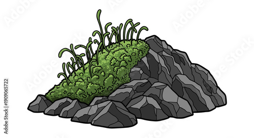 Stylized illustration depicting a small pile of grey rocks with vibrant green moss and delicate plant growth on top, isolated on a white background.