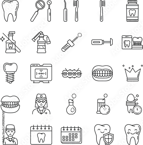Dental care line icons, oral health vector set, dentist tools illustration, orthodontics equipment, teeth hygiene symbols, dental treatment graphics