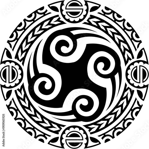 Maori sun medallion tribal graphic black tattoo or sticker. Maori warrior abstract symbol, Samoan tribe graphic decoration. New Zealand tribal folk tattoo