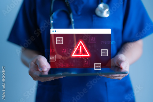 Doctor holding tablet with red warning alert on medical data interface. Doctor using indicating AI system error or cyber breach. Health tech, cybersecurity, risk management and digital alerts concept.