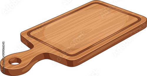 Wooden cutting board featuring a rectangular surface and integrated handle is presented in an isolated isometric view for kitchen.