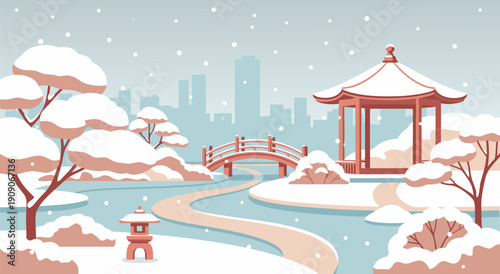 A peaceful winter snow landscape vector illustration of a Japanese garden with a pagoda and bridge with a city skyline in the background