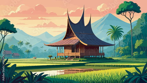 Beautiful traditional wooden house in a serene green landscape with mountains at sunset, evoking peace and tranquility, perfect for travel and tourism content