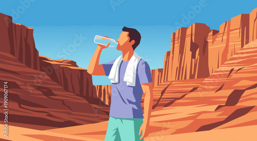 Man drinking water in desert landscape vector illustration, thirst relief during hot weather