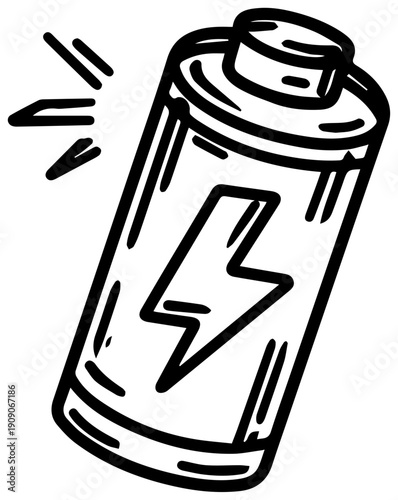 Hand drawn battery icon with lightning bolt symbol in black lines on white background representing energy and power