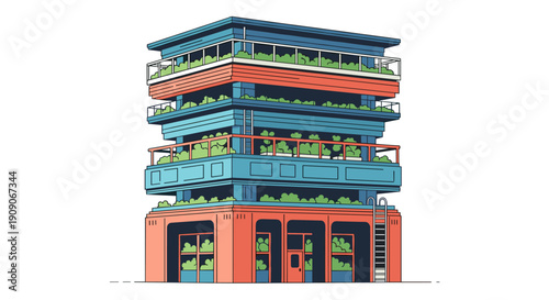 A vibrant, modern multi-story building with green balconies, showcasing sustainable urban architecture and eco-friendly design principles.