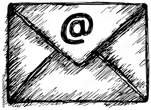 Hand drawn icon of a sealed envelope with an at sign on the flap in black lines