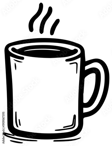Hand drawn steaming hot coffee mug icon in black and white notion style