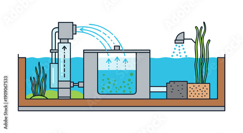This detailed illustration showcases a sophisticated aquaponics system, demonstrating the intricate process of water filtration and plant nourishment.