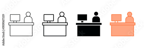 Set of minimalist reception desk icons with transparent background, depicting workspace symbols for customer service, business operations, and office front desks, vector illustration