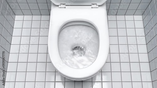 Flushing toilet bowl with swirling water in a clean tiled bathroom, slow motion footage, symbolizing hygiene and cleanliness.