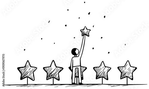 Person reaching for a star among many symbolizing aspiration and excellence in a simple illustration